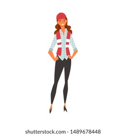 Smiling Female Building Worker Character with Red Hard Hat Helmet and Vest, Construction Engineer, Repair Worker Vector Illustration