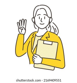 A smiling female businessperson holding up four fingers 【Vector illustration】