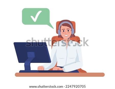 Smiling female call center assistant semi flat color vector character. Editable figure with checkmark. Full body person on white. Simple cartoon style illustration for web graphic design and animation
