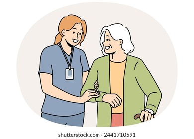 Smiling female caregiver help mature woman with walking. Happy nurse in uniform assist elderly grandmother with walking stick. Vector illustration.