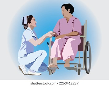Smiling female caregiver and holding an elderly women on wheelchair isolated