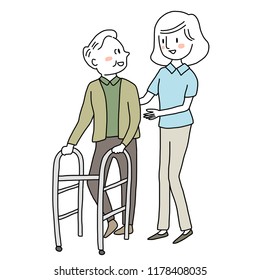 Smiling female caregiver taking care of happy elderly man using walker. Young woman supporting senior patient to walk with walker at residential home. Recovery of walking ability. Hand-drawn vector.