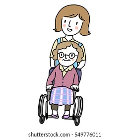 Smiling female caregiver taking care of happy elderly woman on wheelchair. vector illustration.