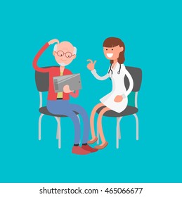 Smiling female caretaker and senior man using tablet computer at nursing home, vector illustration