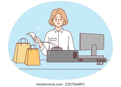 Una cajera sonriente con bolsas en la tienda. Mujer vendiendo productos dando factura al cliente en la tienda. Buen servicio y consumismo. Ilustración vectorial.