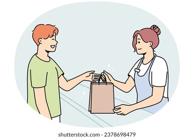 Smiling female cashier give cardboard bag to happy male customer in shop. Happy woman seller hand package to excited man client in store. Vector illustration.