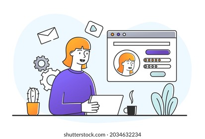 Smiling Female Character Is Creating Online Profile On Website On White Background. Concept Of Registration Page, Name And Password Field, Menu Bar, Create Account. Flat Cartoon Vector Illustration