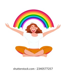 The smiling female character enjoys her freedom and life. Happy woman sits in lotus pose and opens her arms to the rainbow. Body positive and health care concept. Isolated vector illustration