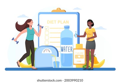 Lächelnde weibliche Figur wird mit Diätplan ausgeübt. Junge Frau, die mit Obst, Gemüse und Gewichtsklasse arbeitet. Gewichtsverlust und Ernährungsberatung. Flacher Cartoon, Vektorgrafik.