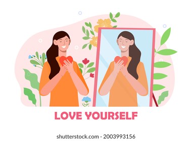 Smiling female character is looking at herself in the mirror. Concept of self love and self appreciation. Young woman is standing next to the mirror. Flat cartoon vector illustration