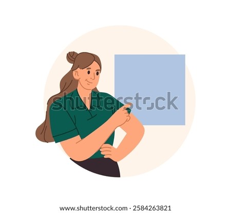 Smiling female character pointing finger at blank presentation or information board. Vector woman with positive facial expression showing advertising placard. Girl advising to use banner with copy