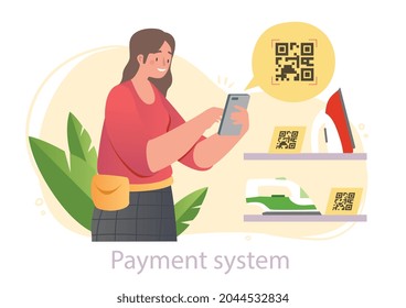Smiling female character is scanning qr code with her smartphone on white background. Concept of modern digital payment system for clients in restaurants. Flat cartoon vector illustration
