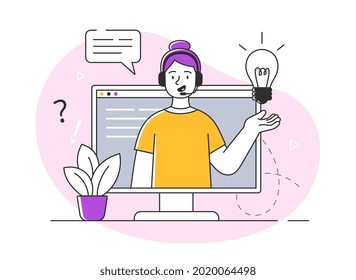 Smiling female character is working in customer support. Collection of scenes at office. Workers taking part in business negotiation, brainstorming, helping clients. Flat cartoon vector illustration