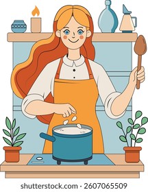 Smiling Female Chef Cooking in a Cozy Kitchen - Cute Illustration