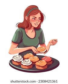Smiling female chef creates gourmet sweet treats icon isolated
