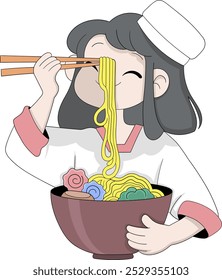 A smiling female chef, dressed in traditional Japanese attire, is happily eating ramen noodles with chopsticks from a colorful bowl.