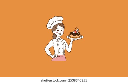 Chef mujer sonriente que sostiene un postre en un plato.