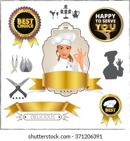 smiling female chef showing ok sign. Badge, vintage, frame