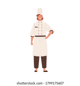 Smiling female chef in toque and uniform vector flat illustration. Happy woman professional cooker standing isolated on white. Adorable kitchen worker having positive emotion