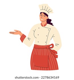 Smiling female chef in toque and uniform. A woman shows something with her hand. Portrait of a happy kitchen worker. Flat style isolated on white. Vector illustration.