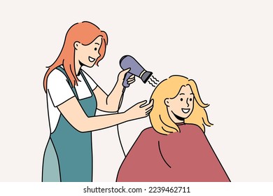 Smiling female client get hairstyle in saloon. Happy stylist dry hair of woman customer with blow dryer in salon. Beauty and care concept. Vector illustration. 