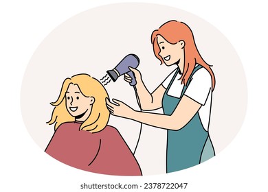 Smiling female client get hairstyle in saloon. Happy stylist dry hair of woman customer with blow dryer in salon. Beauty and care concept. Vector illustration.