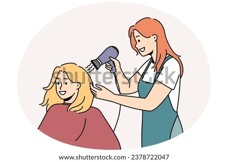 Smiling female client get hairstyle in saloon. Happy stylist dry hair of woman customer with blow dryer in salon. Beauty and care concept. Vector illustration.