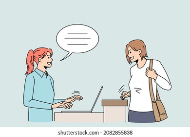 Smiling female client talk with caring receptionist in hotel ask advice or help. Happy woman customer speak with administrator working on computer sitting at desk. Good service. Vector illustration. 