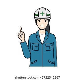 Smiling female construction worker in blue uniform pointing finger up