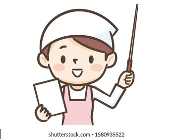 Smiling female cook with pointing stick
