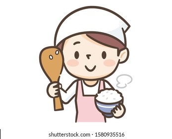 Smiling female cook with rice and rice paddle