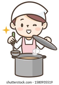 Smiling female cook with saucepan