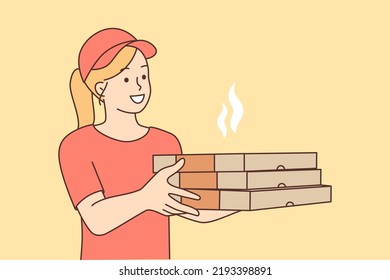 Smiling female courier with pizza boxes deliver order to customer. Happy woman with fast food go to client. Meal delivery concept. Vector illustration. 