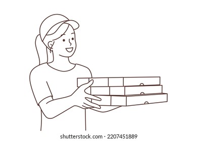 Smiling Female Courier With Pizza Boxes Deliver Order To Customer. Happy Woman With Fast Food Go To Client. Meal Delivery Concept. Vector Illustration. 