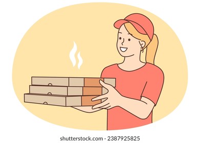 Smiling female courier with pizza boxes deliver order to customer. Happy woman with fast food go to client. Meal delivery concept. Vector illustration.