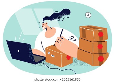 Smiling female courier work at post office writing on boxes working on laptop. Happy woman busy at computer address postal packages for delivery. Logistics. Vector illustration.