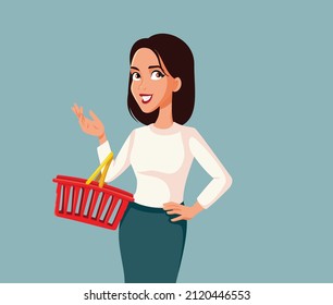 
Smiling Female Customer Holding Shopping Basket Vector Cartoon Illustration. Shopping woman with empty basket thinking what to buy
