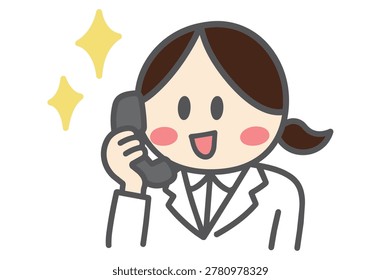 Smiling female customer support operator answering phone call with friendly expression for business communication, help desk service, reception support, and contact center illustration