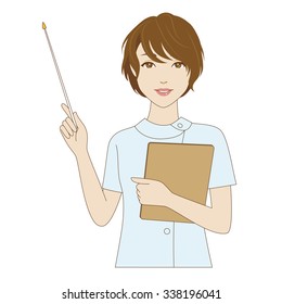 A smiling female dental assistant holding a pointer