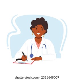 Smiling Female Doctor Character Sitting At Desk, Diligently Writing Notes On Clipboard, Displaying Professionalism And Dedication In Providing Quality Healthcare. Cartoon People Vector Illustration