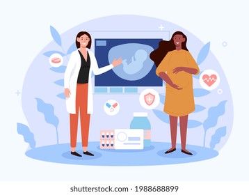 Smiling female doctor is checking pregnant woman in modern hospital. Concept of medical insurance for pregnancy. Baby is displayed on medical screen. Flat cartoon vector illustration