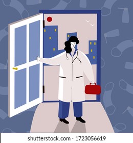 Smiling female doctor at the door. Funny character design. Stylized Cartoon Vector Illustration. Doctors at home Visiting medical services Promo Poster. Banner advertising. Seek professional medical