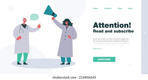 Smiling female doctor holding megaphone. Elderly person with speech bubble, medical professionals making announcement flat vector illustration. Healthcare, medicine concept for banner, website design