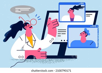 Smiling female doctor in medical uniform talk on video call with diverse colleagues. Happy woman nurse or GP have webcam digital communication with coworkers on computer. Vector illustration. 