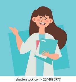 Smiling female doctor in medical uniform give paperwork from hospital. Happy woman nurse or GP stretch hand with document or letter. Vector illustration.