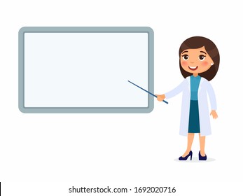 Eine lächelnde Ärztin weist auf eine leere medizinische Demonstrationskommission hin. Doktor in einem weißen Mantel. Vektorillustration auf weißem Hintergrund.