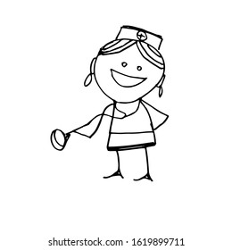 Smiling Female Doctor With A Stethoscope. Cartoon Character, Stick Figure, Doodle Illustration. Vector