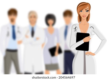 Smiling female doctor with tablet pc and medical staff team isolated on white background vector illustration