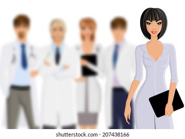 Smiling female doctor with tablet pc and medical staff team isolated on white background vector illustration