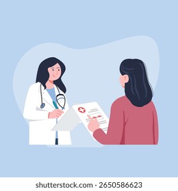 Smiling female doctor wearing a white coat is reviewing a medical chart with a patient in a light blue room, creating a supportive and informative atmosphere for healthcare campaigns.
